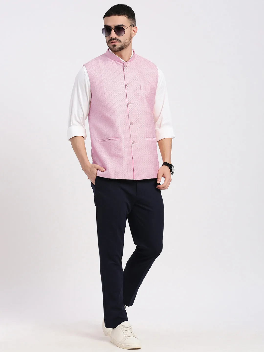 Men Pink Woven Design Slim Fit Nehru Jacket