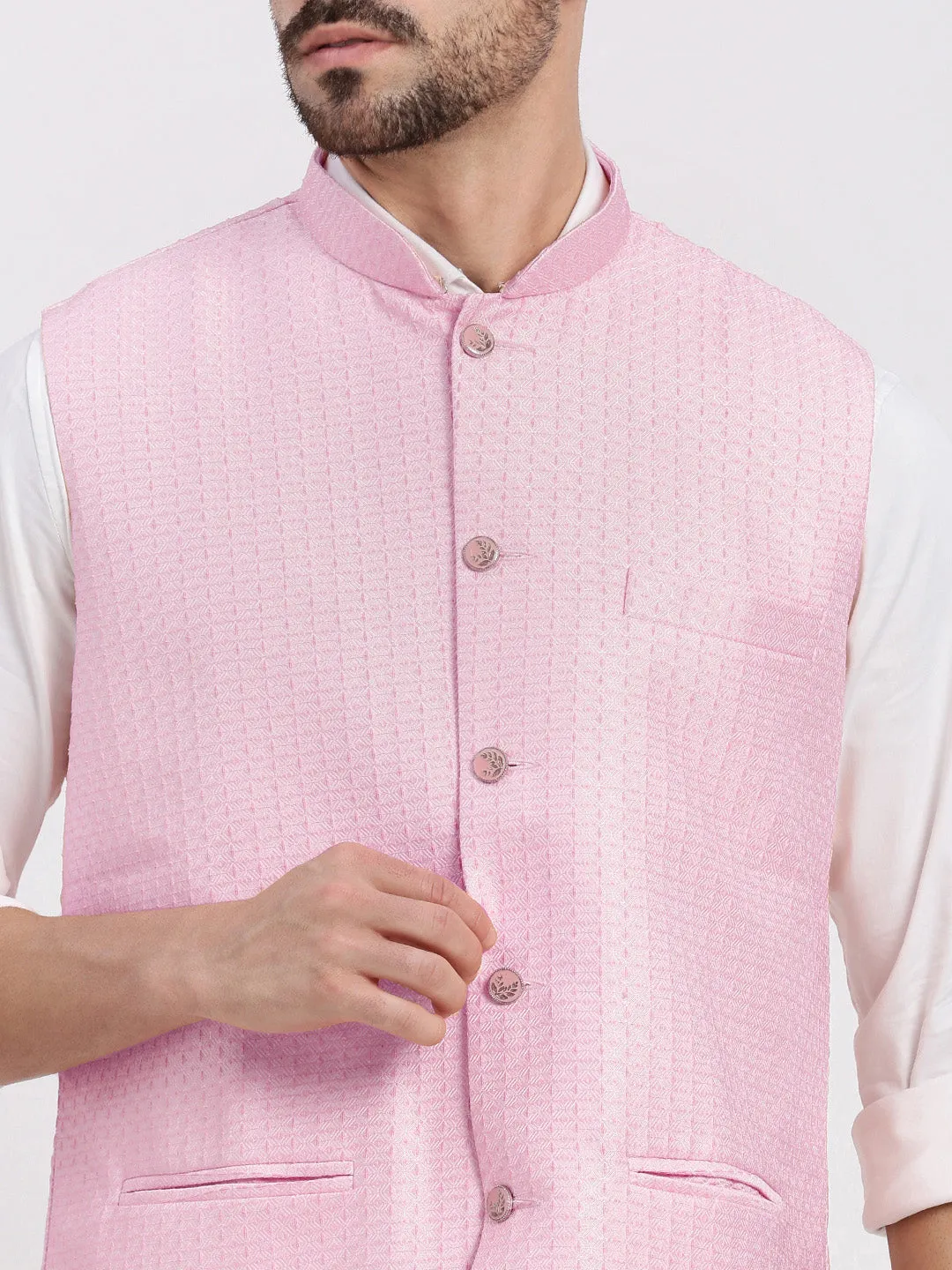 Men Pink Woven Design Slim Fit Nehru Jacket
