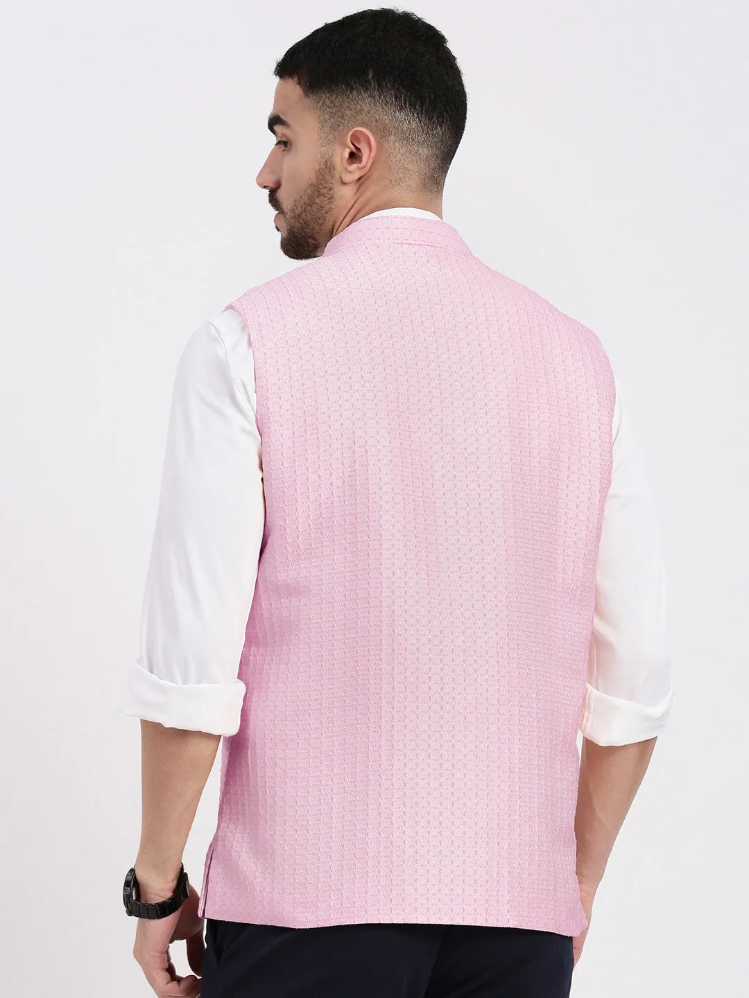 Men Pink Woven Design Slim Fit Nehru Jacket