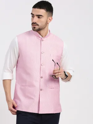 Men Pink Woven Design Slim Fit Nehru Jacket