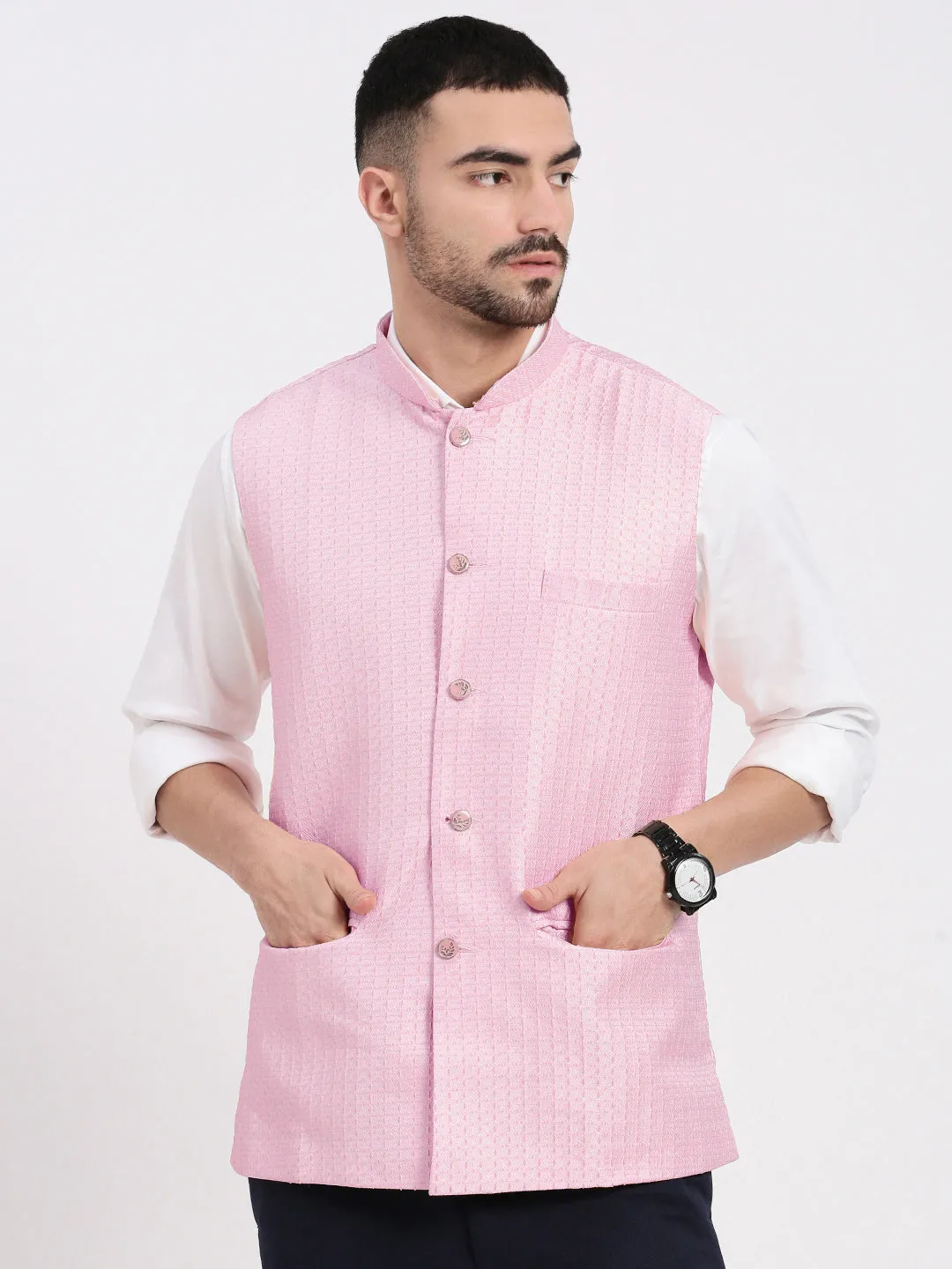 Men Pink Woven Design Slim Fit Nehru Jacket