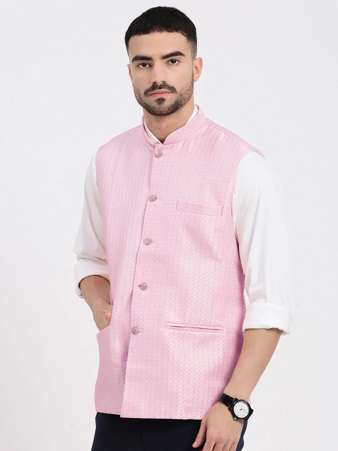 Men Pink Woven Design Slim Fit Nehru Jacket