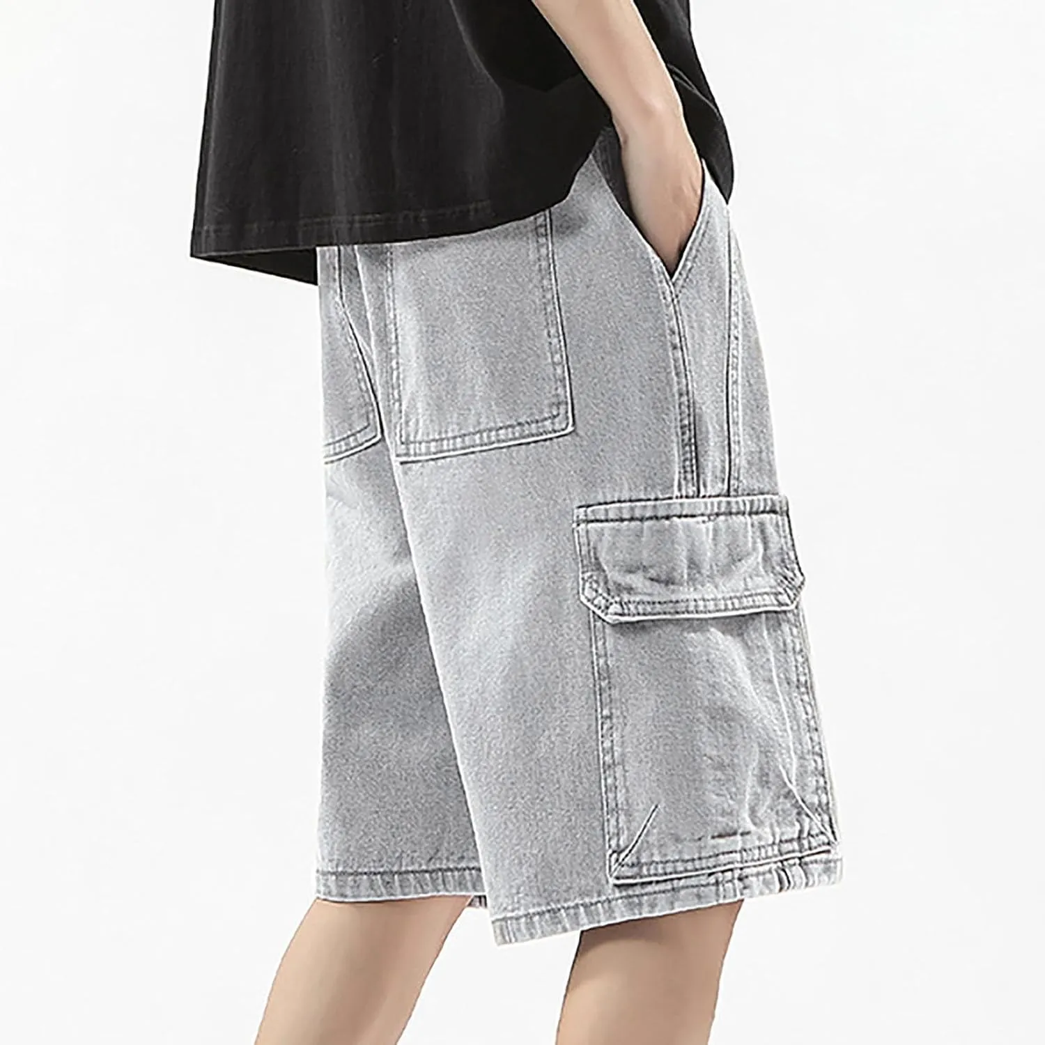 Mens Baggy Denim Jorts Y2K Grunge Loose Hip Hop Jean Shorts Wide Leg Mid Jeans Streetwear with Pockets