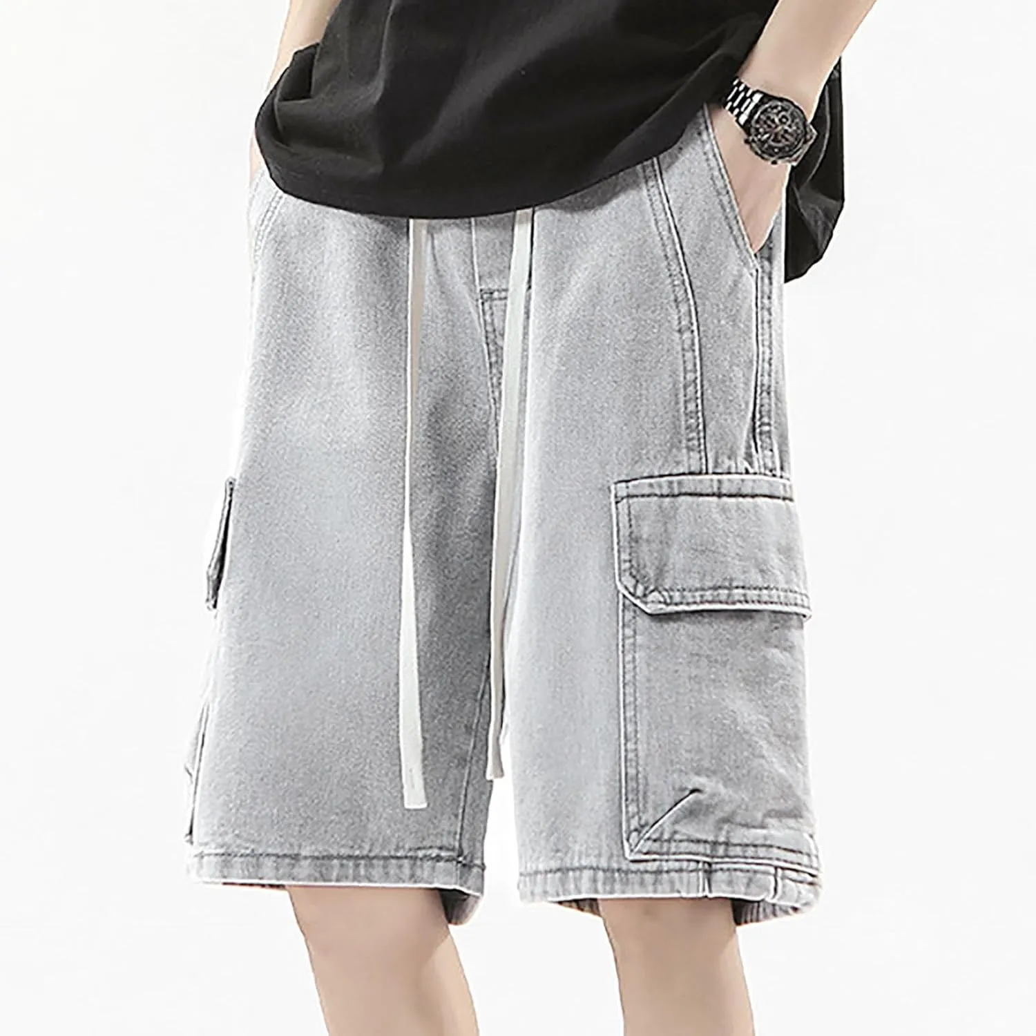 Mens Baggy Denim Jorts Y2K Grunge Loose Hip Hop Jean Shorts Wide Leg Mid Jeans Streetwear with Pockets