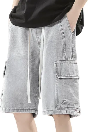 Mens Baggy Denim Jorts Y2K Grunge Loose Hip Hop Jean Shorts Wide Leg Mid Jeans Streetwear with Pockets