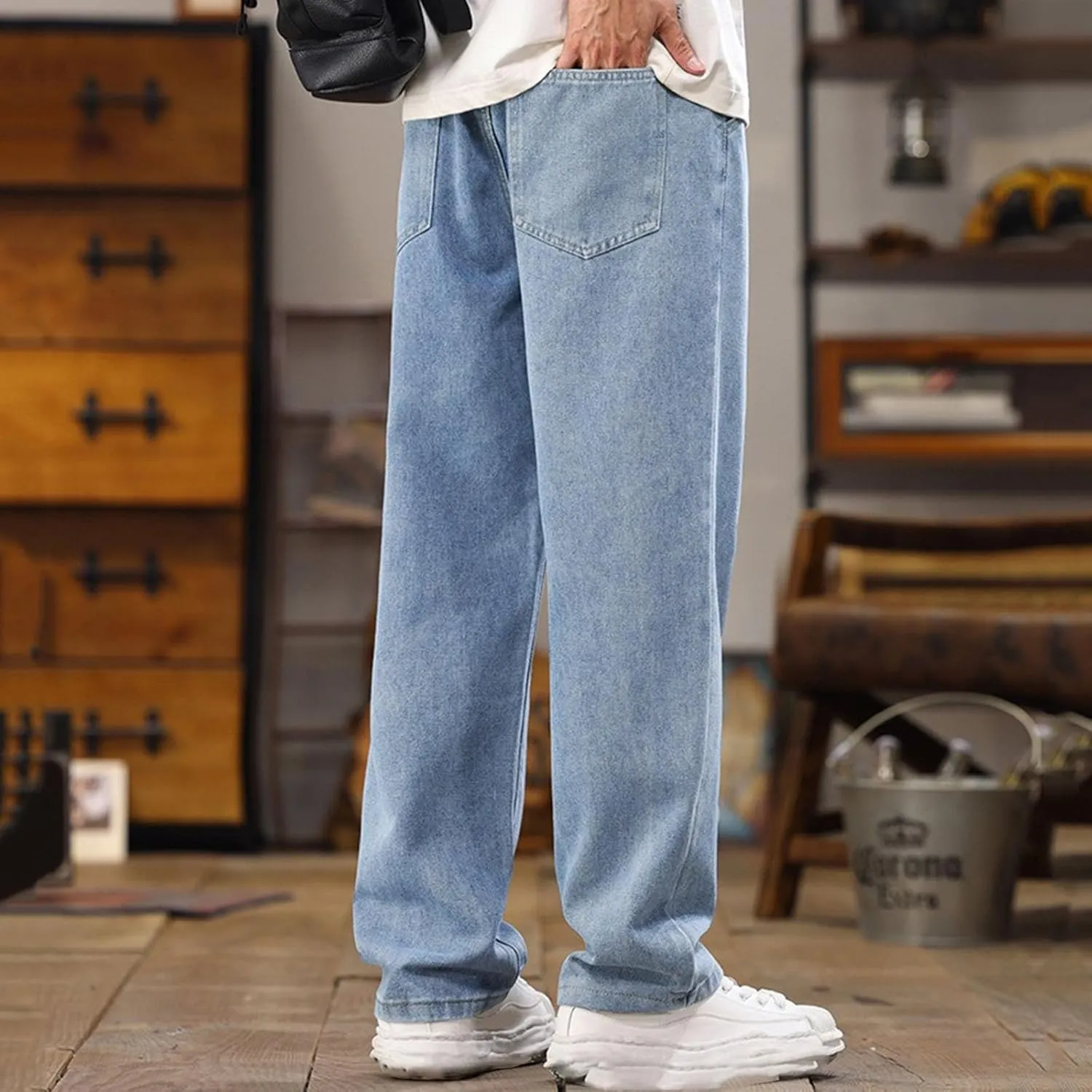 Men's Baggy Jeans Hip Hop Loose Fit Elastic Waist Jeans Y2K Hip Hop Straight Leg Skate Denim Pants Harajuku Trousers