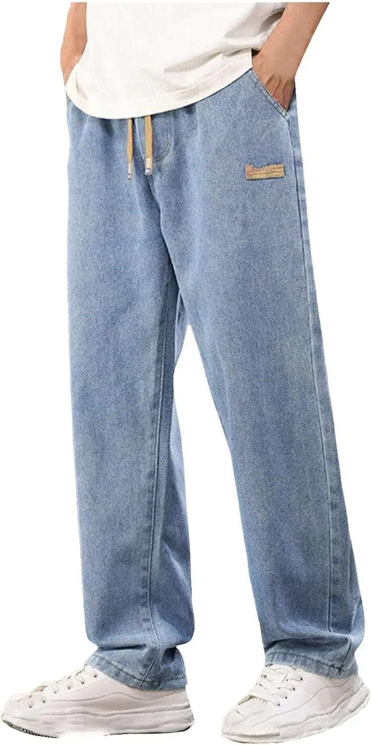 Men's Baggy Jeans Hip Hop Loose Fit Elastic Waist Jeans Y2K Hip Hop Straight Leg Skate Denim Pants Harajuku Trousers
