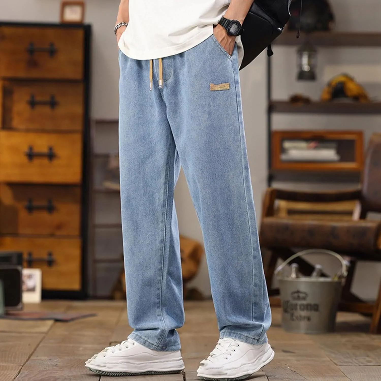 Men's Baggy Jeans Hip Hop Loose Fit Elastic Waist Jeans Y2K Hip Hop Straight Leg Skate Denim Pants Harajuku Trousers