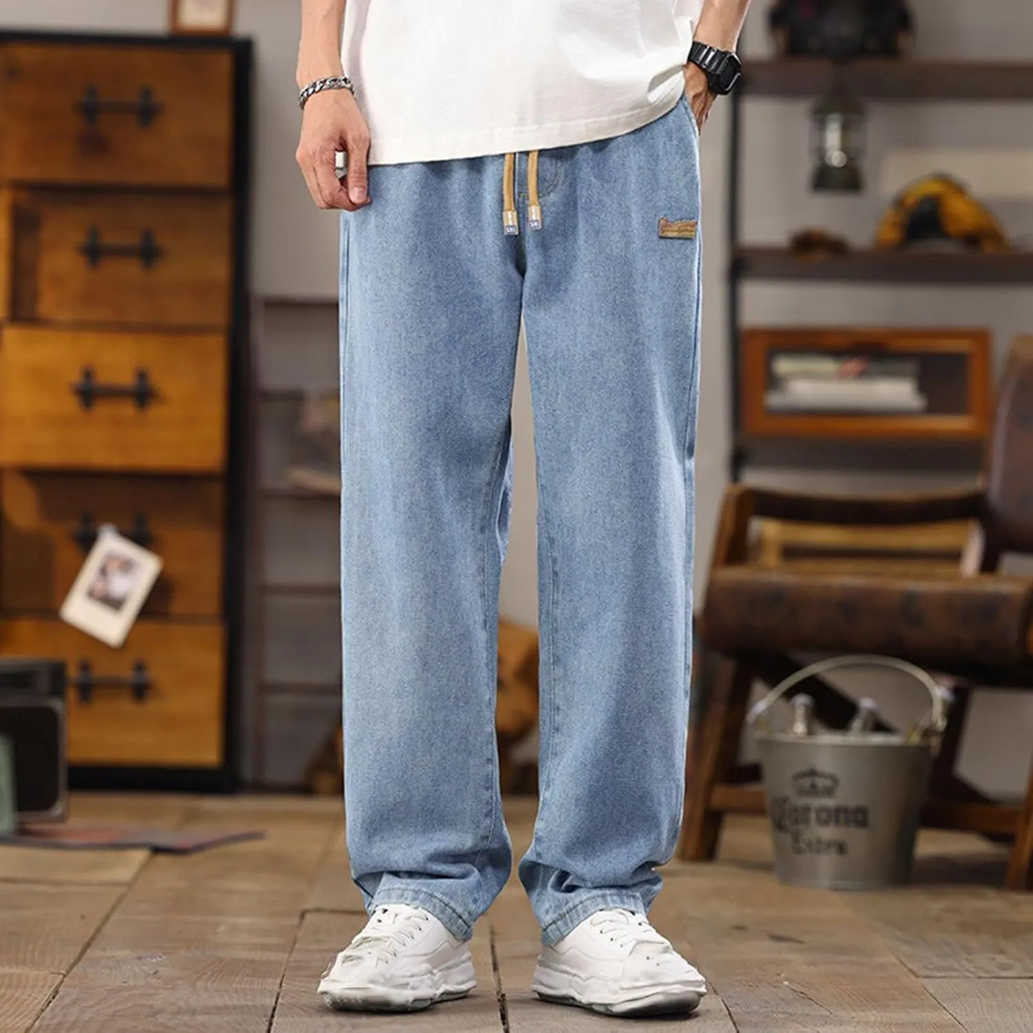 Men's Baggy Jeans Hip Hop Loose Fit Elastic Waist Jeans Y2K Hip Hop Straight Leg Skate Denim Pants Harajuku Trousers