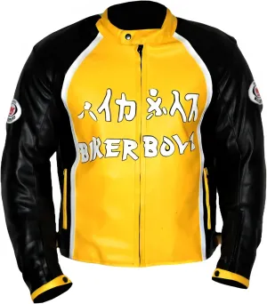 Men's Biker Boyz Real Leather Jacket - Black and Yellow Bomber Style Jacket