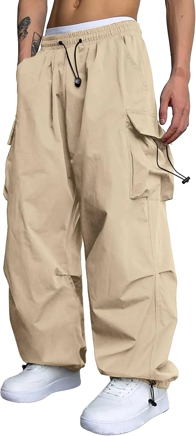Mens Cargo Pants Casual Loose Fit Wide Leg Elasticated Waist Pant Sweatpants with Pockets