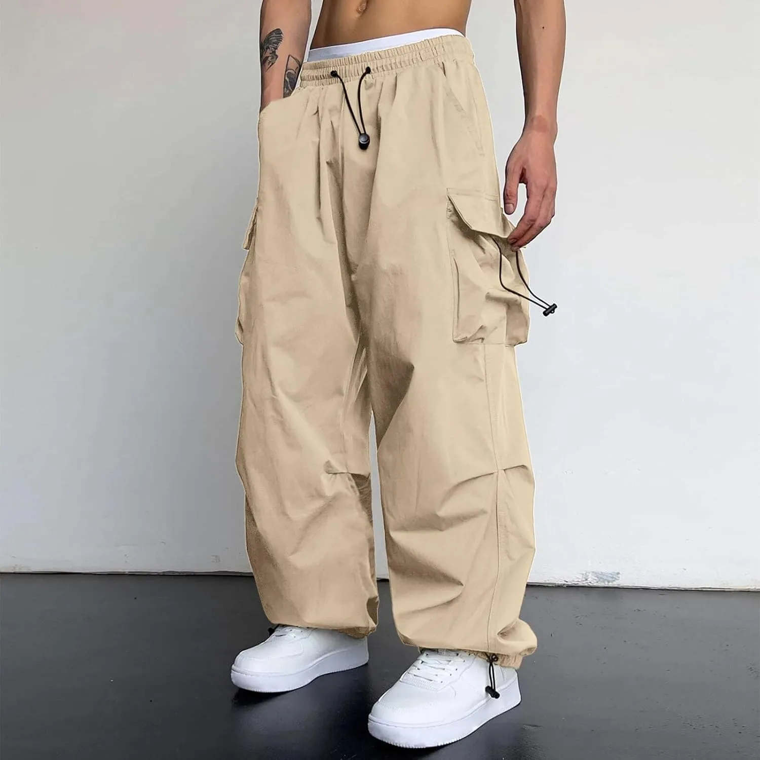Mens Cargo Pants Casual Loose Fit Wide Leg Elasticated Waist Pant Sweatpants with Pockets
