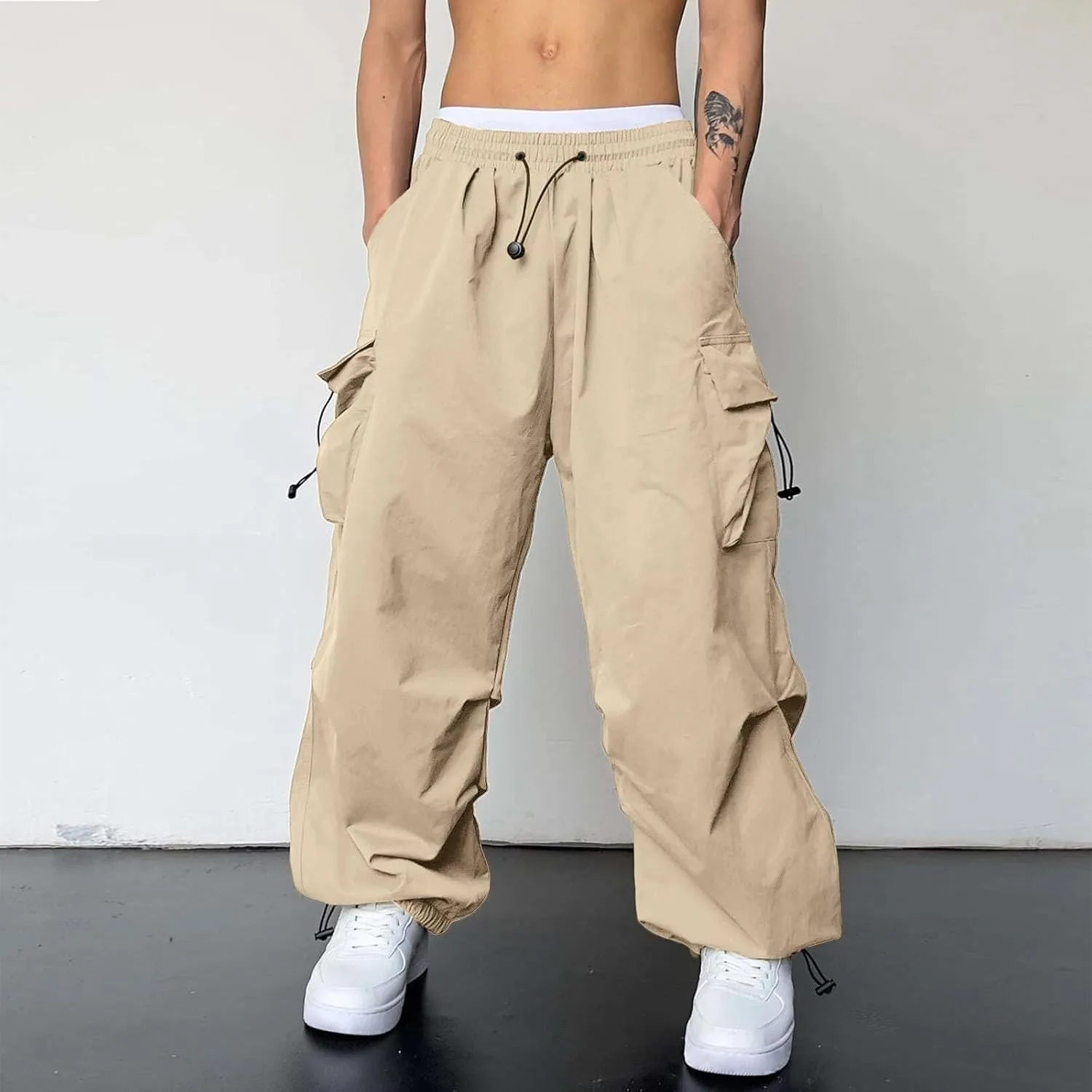 Mens Cargo Pants Casual Loose Fit Wide Leg Elasticated Waist Pant Sweatpants with Pockets