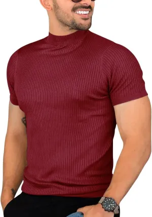 Mens Casual Slim Fit Basic Tops Short Sleeve Shirt Turtleneck T Shirts Rib Knitted Stretch Pullover Sweater