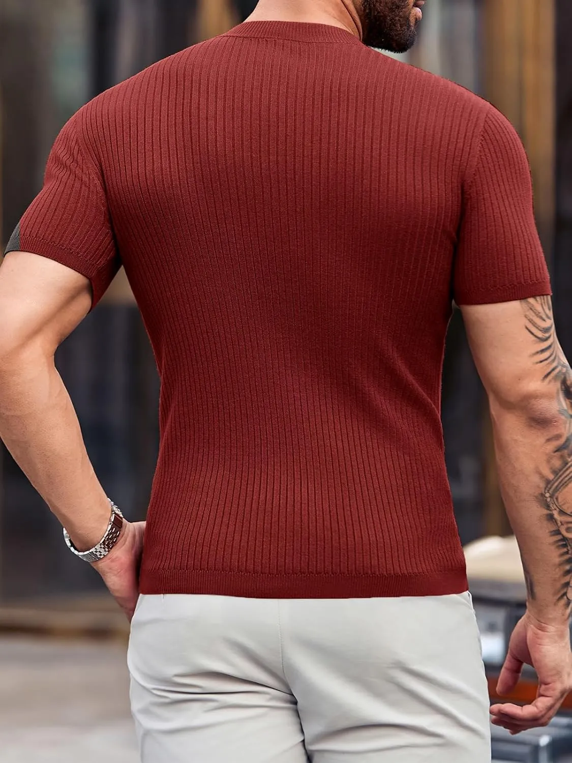 Mens Casual Slim Fit Basic Tops Short Sleeve Shirt Turtleneck T Shirts Rib Knitted Stretch Pullover Sweater