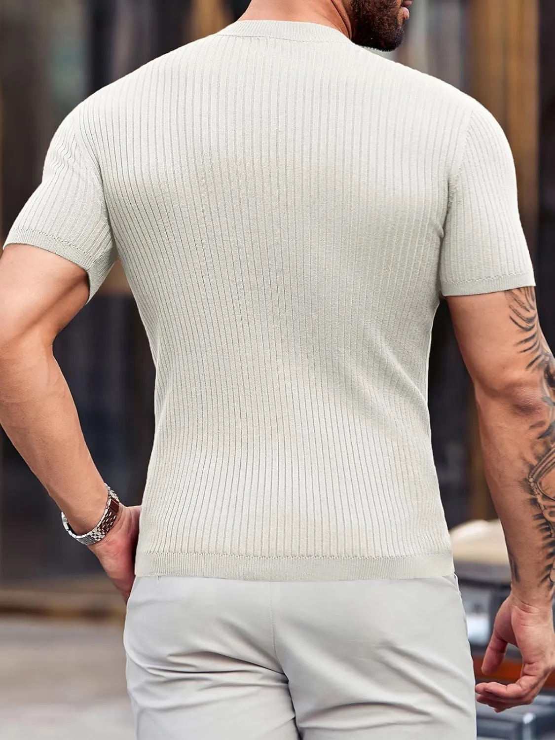 Mens Casual Slim Fit Basic Tops Short Sleeve Shirt Turtleneck T Shirts Rib Knitted Stretch Pullover Sweater