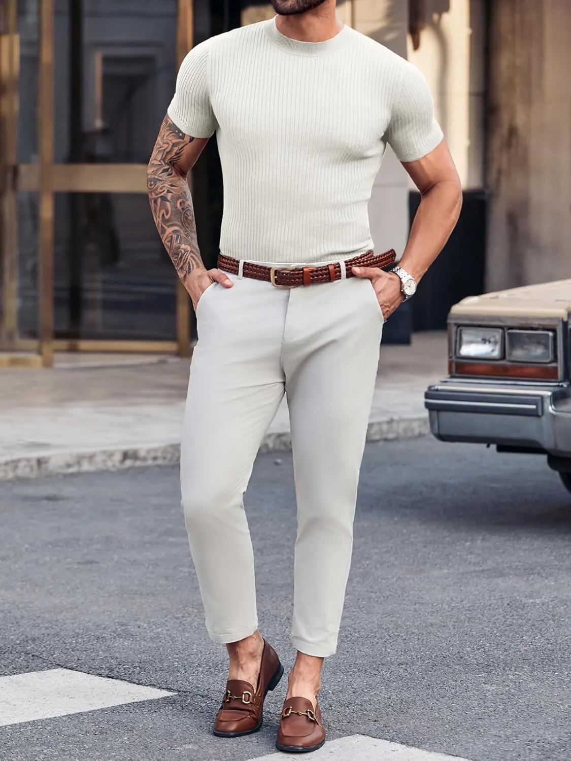 Mens Casual Slim Fit Basic Tops Short Sleeve Shirt Turtleneck T Shirts Rib Knitted Stretch Pullover Sweater