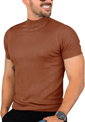 Mens Casual Slim Fit Basic Tops Short Sleeve Shirt Turtleneck T Shirts Rib Knitted Stretch Pullover Sweater