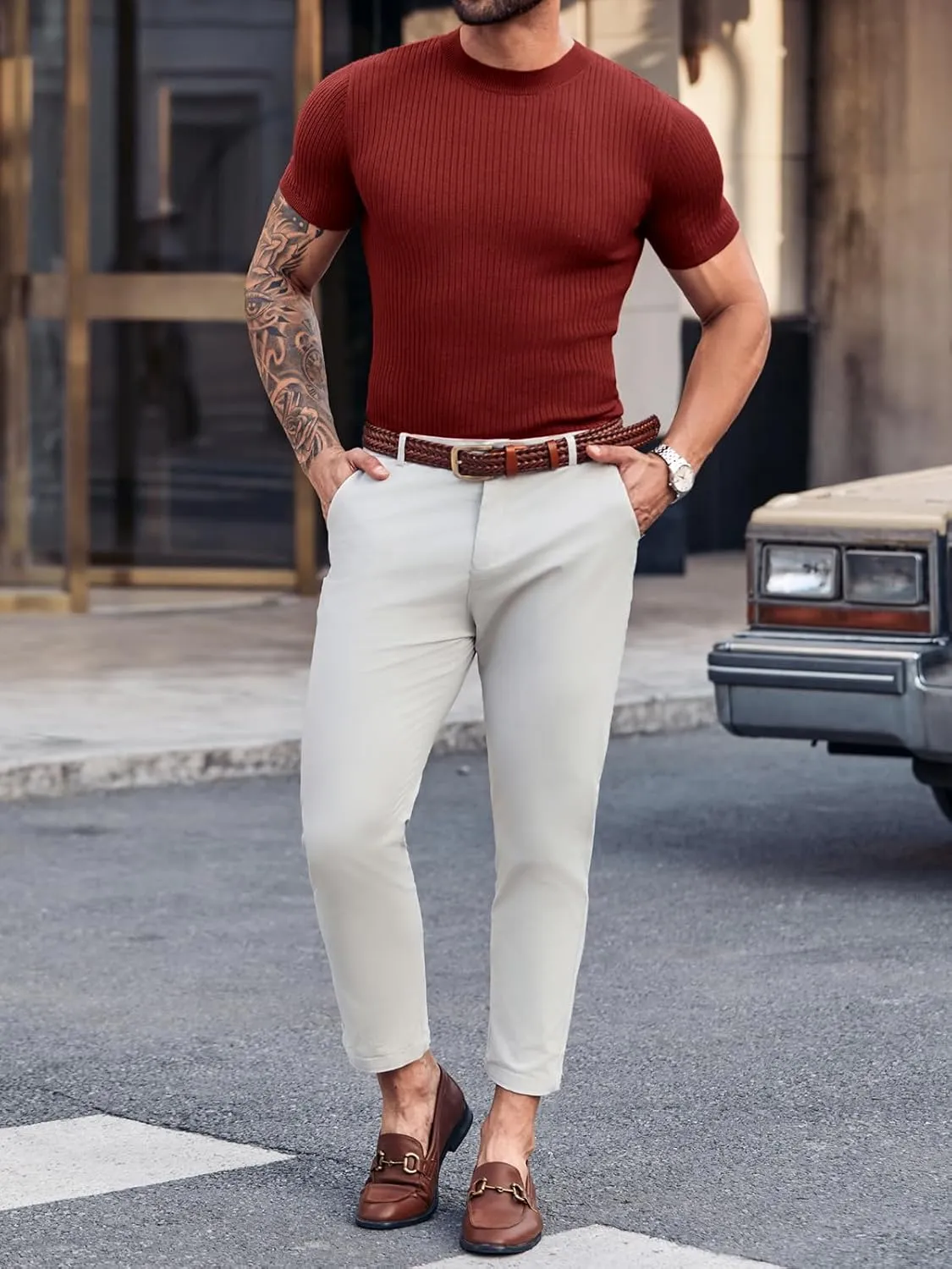 Mens Casual Slim Fit Basic Tops Short Sleeve Shirt Turtleneck T Shirts Rib Knitted Stretch Pullover Sweater