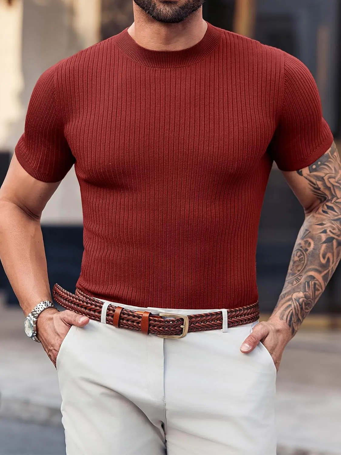 Mens Casual Slim Fit Basic Tops Short Sleeve Shirt Turtleneck T Shirts Rib Knitted Stretch Pullover Sweater