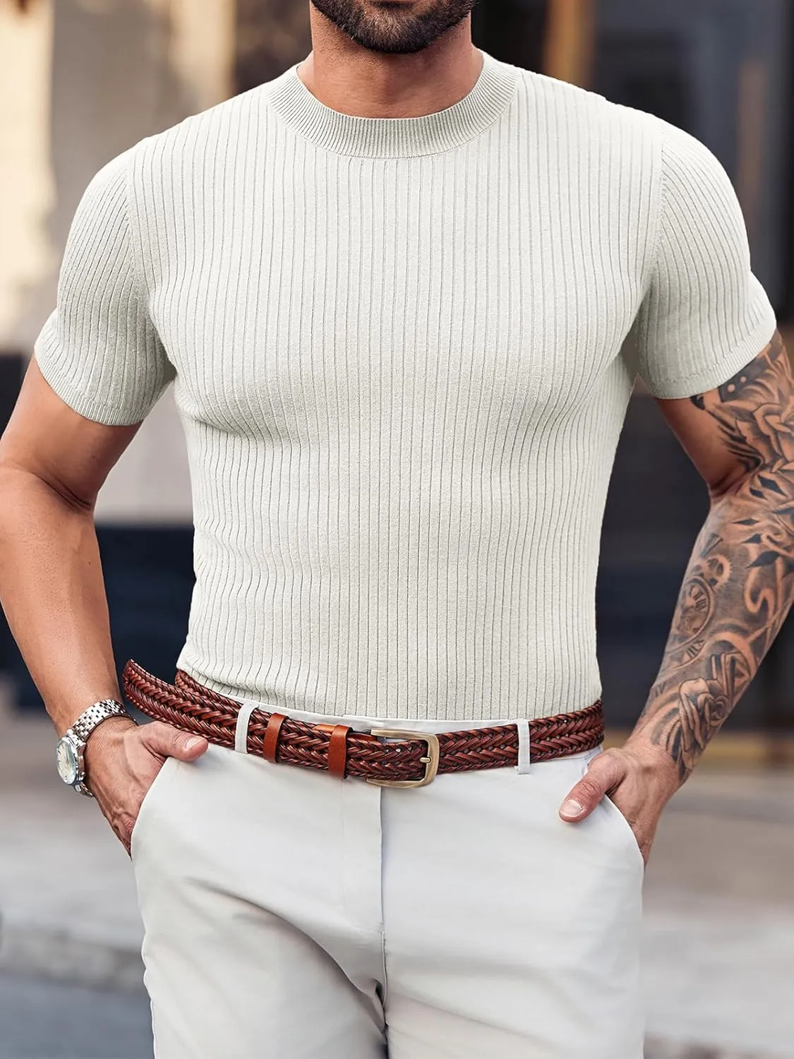 Mens Casual Slim Fit Basic Tops Short Sleeve Shirt Turtleneck T Shirts Rib Knitted Stretch Pullover Sweater
