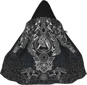 Mens Celtic Wolf Cloak With Hood Winter Nordic Hooded Coats Thick Warm Cape Novelty Viking Wolf Pattern Poncho Jacket