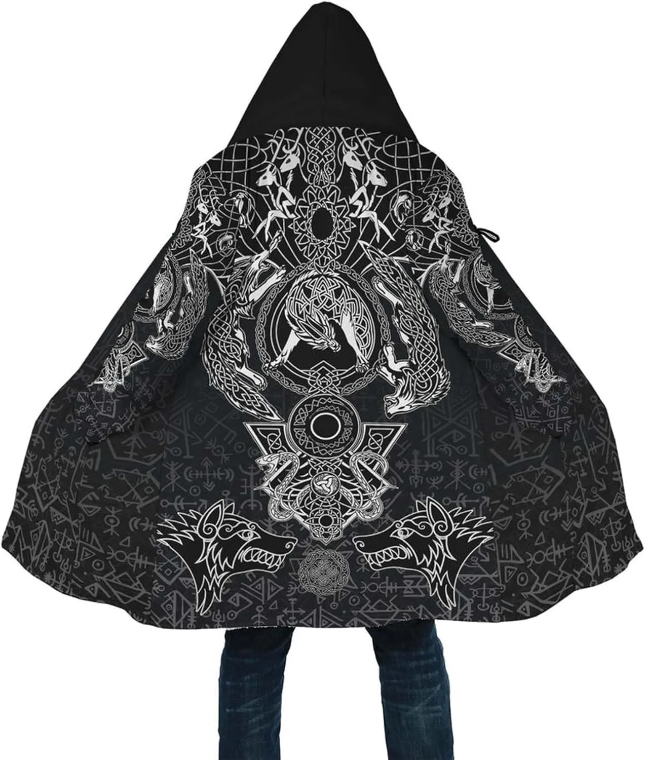 Mens Celtic Wolf Cloak With Hood Winter Nordic Hooded Coats Thick Warm Cape Novelty Viking Wolf Pattern Poncho Jacket