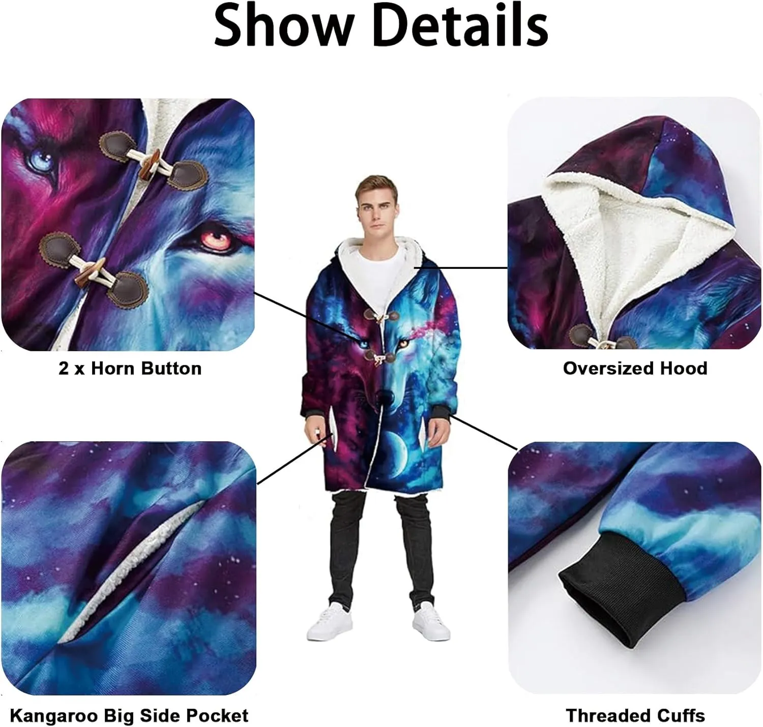 Mens Celtic Wolf Cloak With Hood Winter Nordic Hooded Coats Thick Warm Cape Novelty Viking Wolf Pattern Poncho Jacket