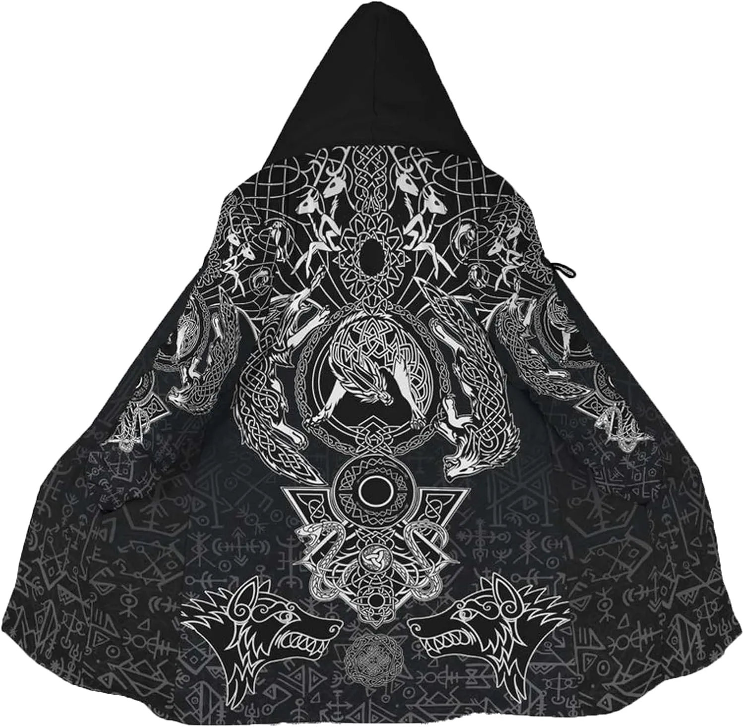 Mens Celtic Wolf Cloak With Hood Winter Nordic Hooded Coats Thick Warm Cape Novelty Viking Wolf Pattern Poncho Jacket