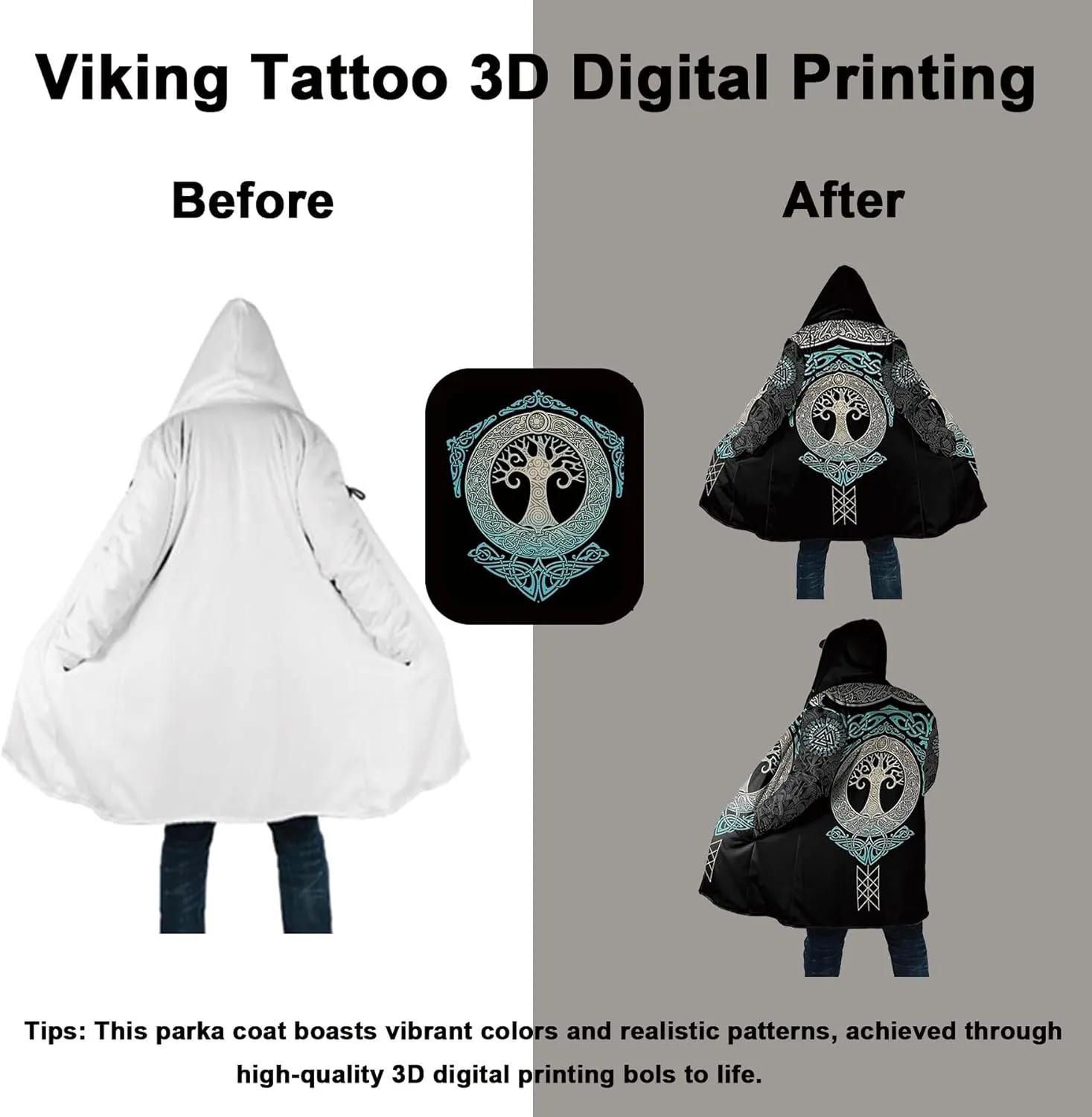 Mens Celtic Wolf Cloak With Hood Winter Nordic Hooded Coats Thick Warm Cape Novelty Viking Wolf Pattern Poncho Jacket