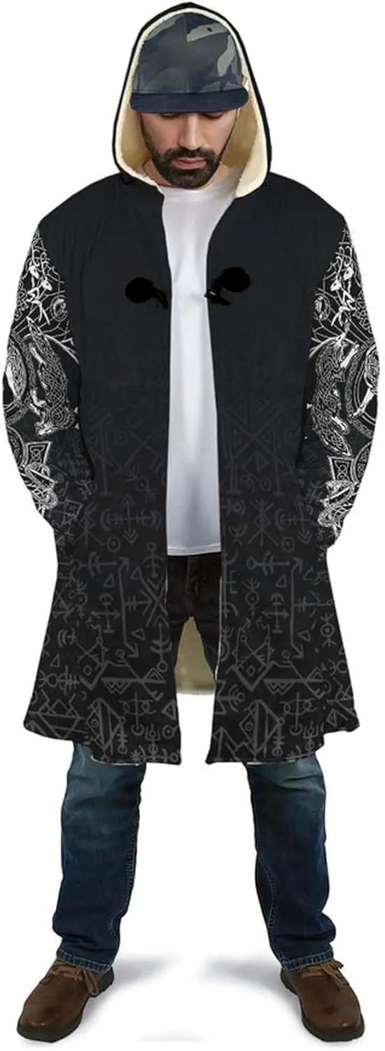 Mens Celtic Wolf Cloak With Hood Winter Nordic Hooded Coats Thick Warm Cape Novelty Viking Wolf Pattern Poncho Jacket