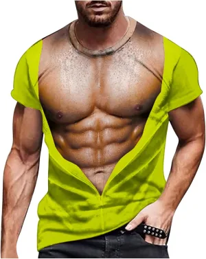 Mens Funny T Shirts Summer Casual Short Sleeve Crewneck 3D Fake Abs Print Tees Muscle Tshirts Novelty Ugly