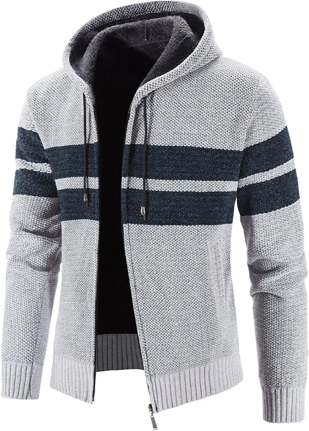 Mens Hoodies,Men's Open Front Cardigan Sweater Full Zip Up Stitching Hooded Cable Knitted Sweatshirts Winter Coats Top