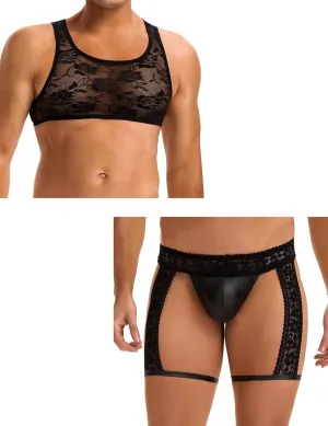 Mens Lace Underwear Lingerie Set Sissy Panties Femboy Soft Faux Leather Boxer Briefs Mesh Crop Tops for Men Floral M