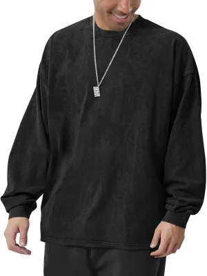 Men's Oversized Cotton T-Shirts Heavy Weight Crew Neck Vintage Wash Tee Long Sleeve Casual Gym Workout Tops
