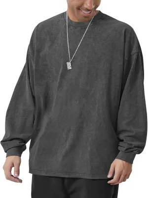 Men's Oversized Cotton T-Shirts Heavy Weight Crew Neck Vintage Wash Tee Long Sleeve Casual Gym Workout Tops