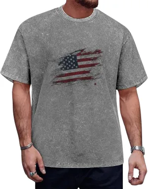 Men's Patriotic American Flag T-Shirts Cotton Short Sleeve Crewneck Graphic Oversized Loose Fit Shirt Top for Men