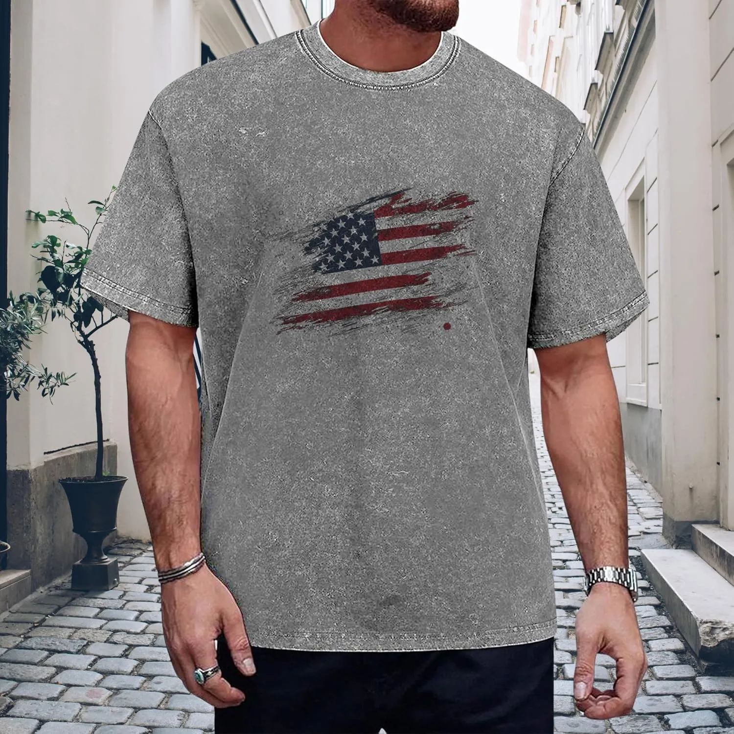 Men's Patriotic American Flag T-Shirts Cotton Short Sleeve Crewneck Graphic Oversized Loose Fit Shirt Top for Men