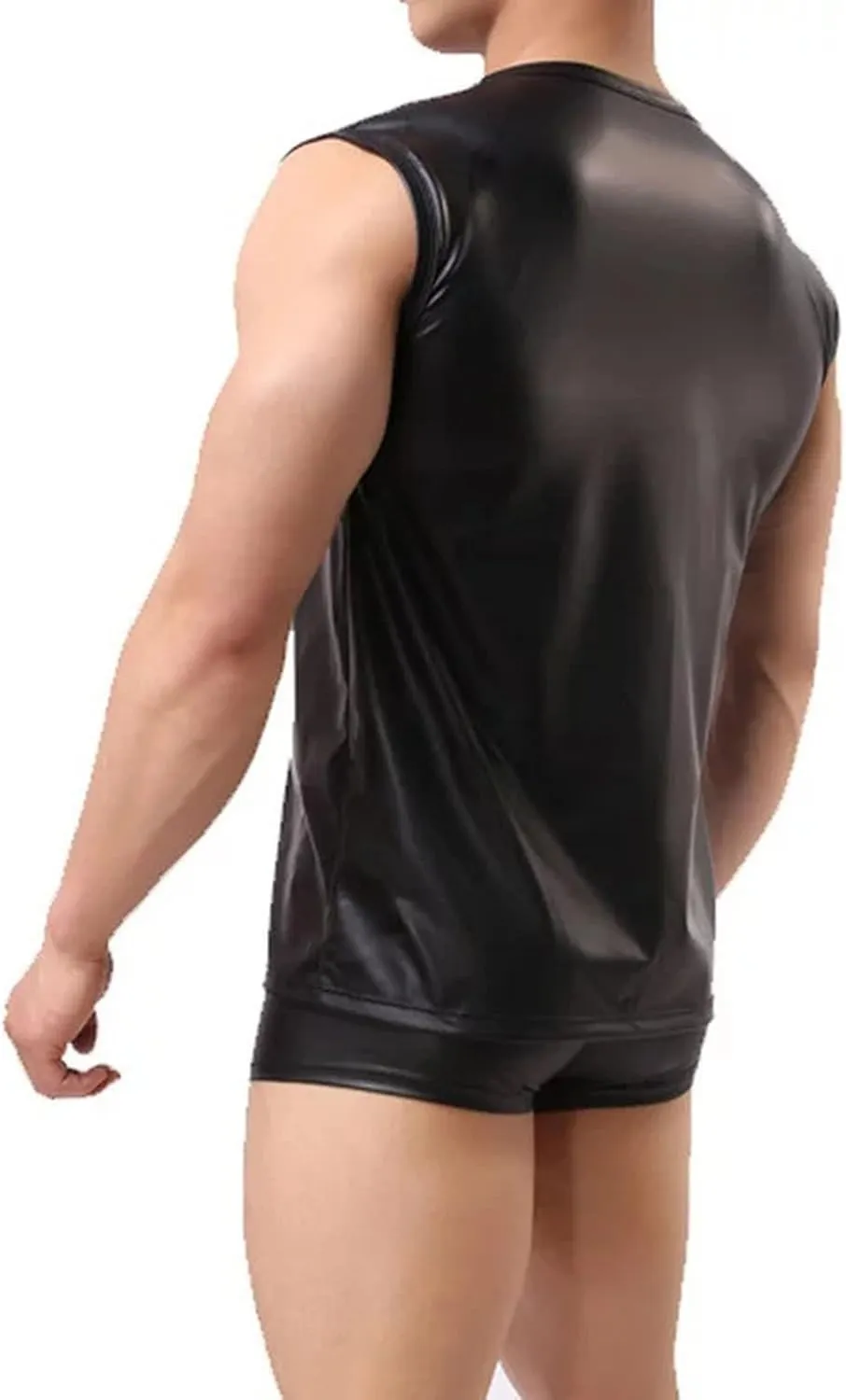 Mens Sexy Faux Leather T-Shirts Plus Size Casual Tight Wetlook Sparkly Tops Sleeveless Nightwear Party Clubwear