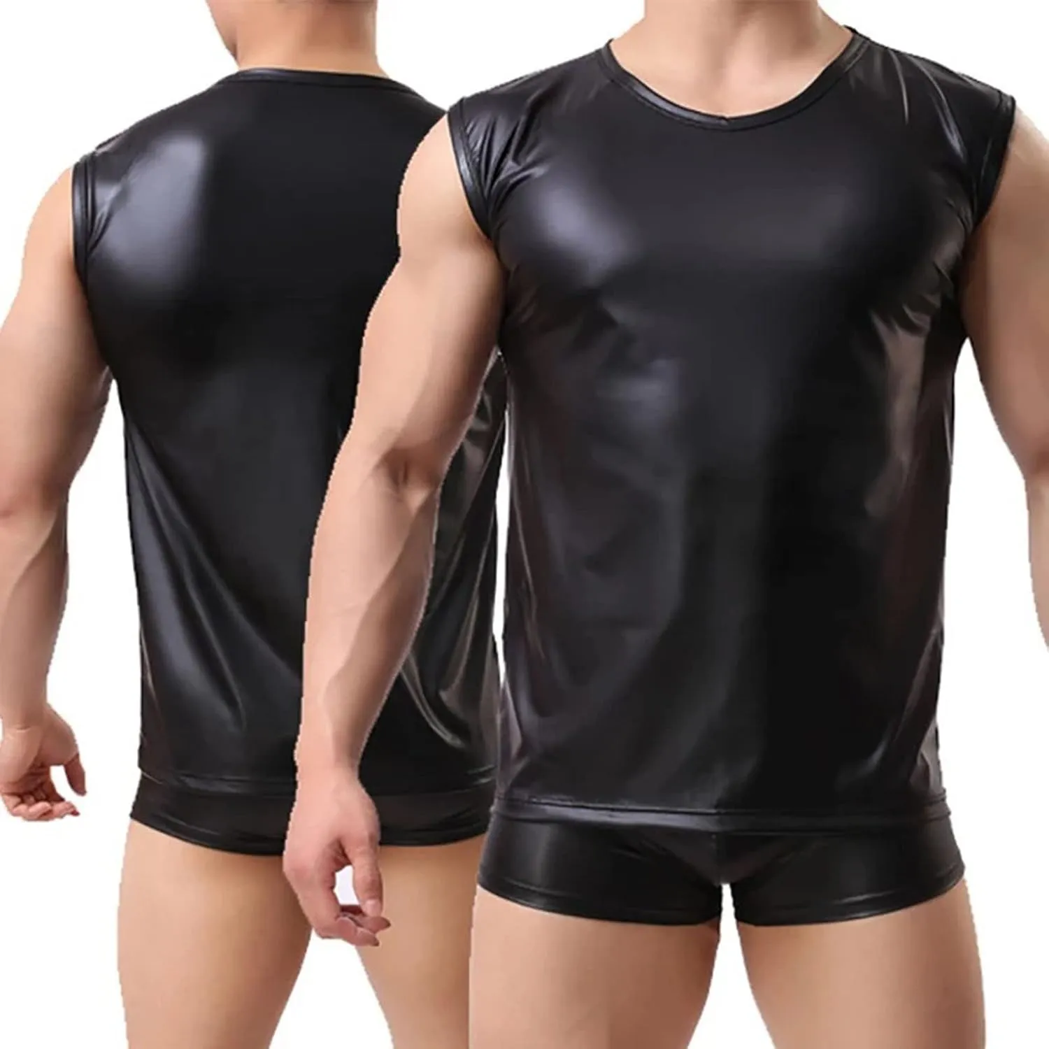 Mens Sexy Faux Leather T-Shirts Plus Size Casual Tight Wetlook Sparkly Tops Sleeveless Nightwear Party Clubwear