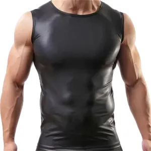 Mens Sexy Faux Leather T-Shirts Plus Size Casual Tight Wetlook Sparkly Tops Sleeveless Nightwear Party Clubwear