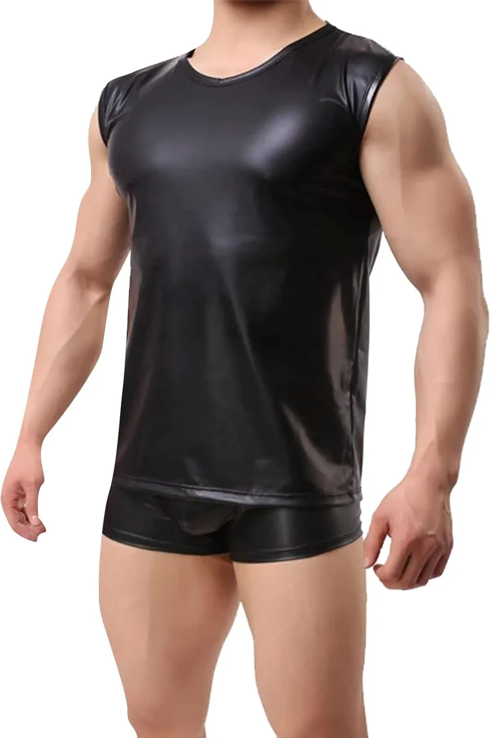 Mens Sexy Faux Leather T-Shirts Plus Size Casual Tight Wetlook Sparkly Tops Sleeveless Nightwear Party Clubwear