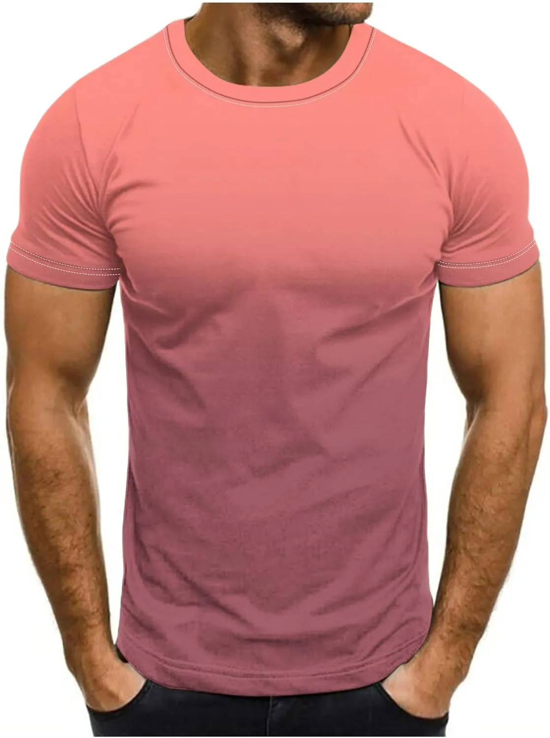 Mens Summer Shirt Causal Short Sleeve Gradient Color Fashion Top Lightweight Crewneck Shirts Gym Workout Pullover