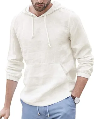 Mens Trendy Hoodie Baggy Cotton Linen Hooded Pocket Solid Long Sleeve Retro T Shirts Tops Hoodies Pullover