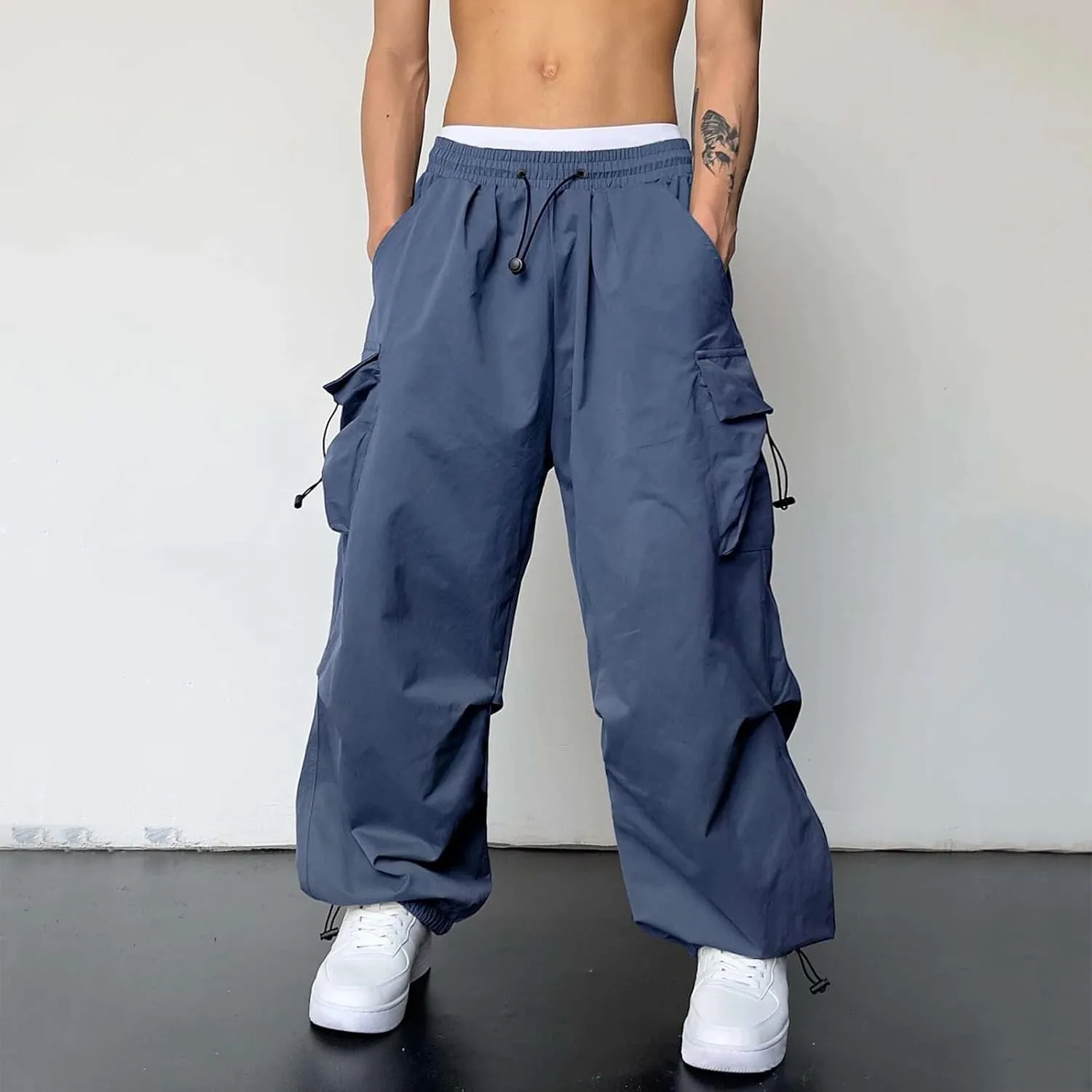 Mens Work Cargo Pant Wide Leg Casual Joggers Drawstring Waist Cargo Work Pants Multi Pockets