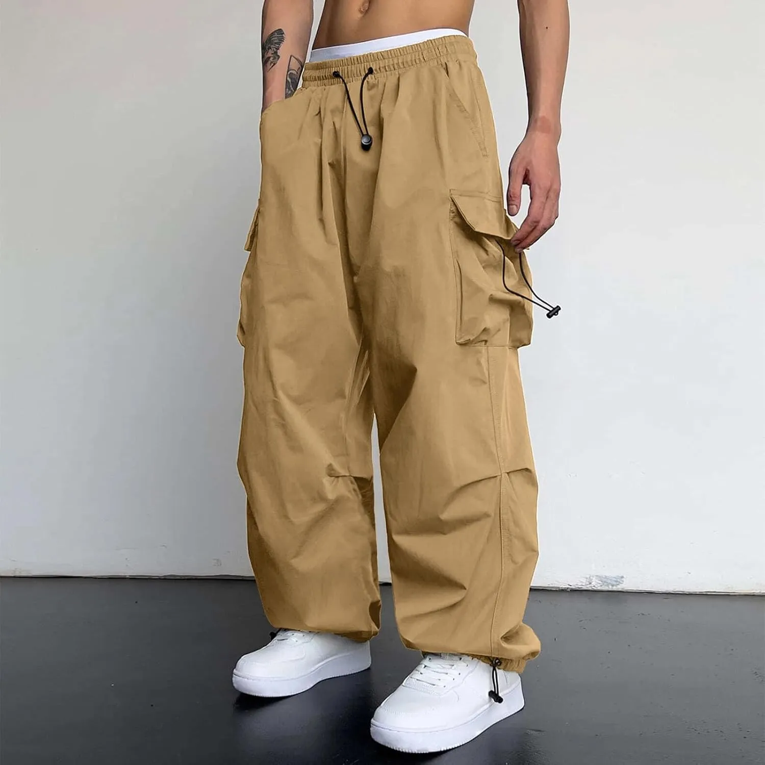 Mens Work Cargo Pant Wide Leg Casual Joggers Drawstring Waist Cargo Work Pants Multi Pockets