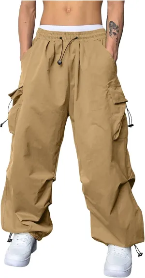 Mens Work Cargo Pant Wide Leg Casual Joggers Drawstring Waist Cargo Work Pants Multi Pockets