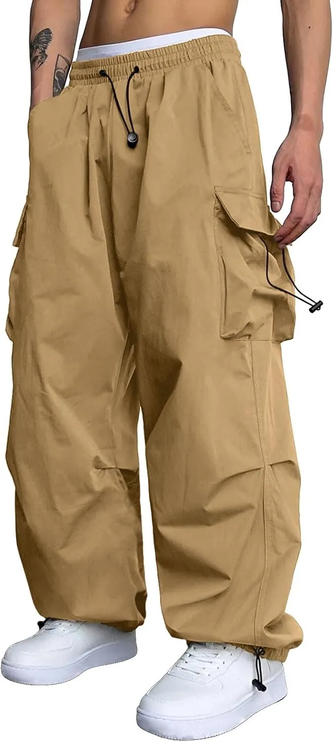 Mens Work Cargo Pant Wide Leg Casual Joggers Drawstring Waist Cargo Work Pants Multi Pockets