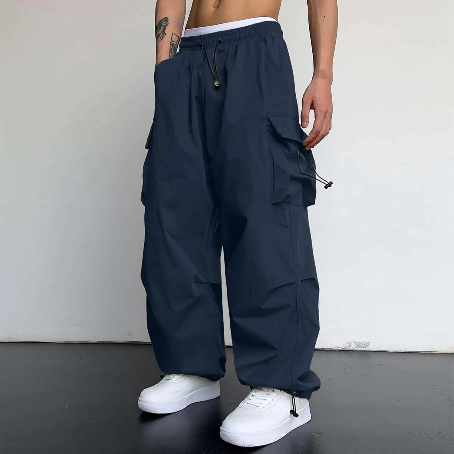 Mens Work Cargo Pant Wide Leg Casual Joggers Drawstring Waist Cargo Work Pants Multi Pockets