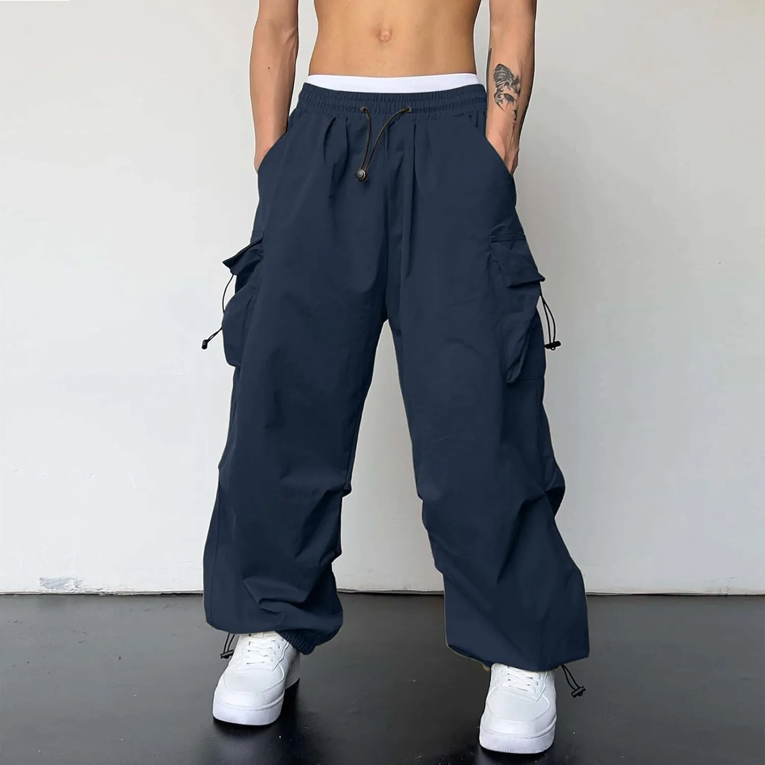 Mens Work Cargo Pant Wide Leg Casual Joggers Drawstring Waist Cargo Work Pants Multi Pockets